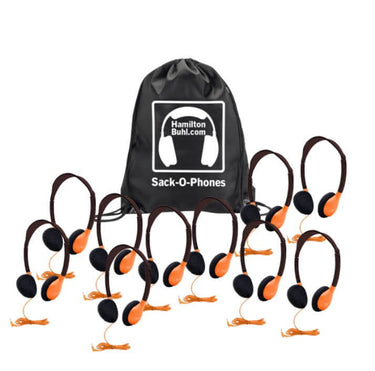 HamiltonBuhl Sack-O-Phones pack with 10 orange personal headphones in a carrying bag, ideal for bulk school headphones.